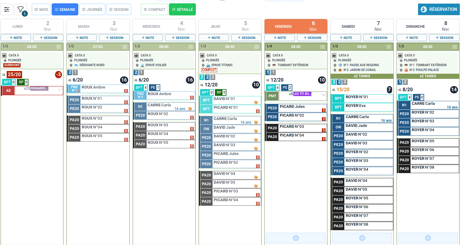 Planning hebdomadaire Mabadive - vue détaillée avec sorties, moniteurs et participants